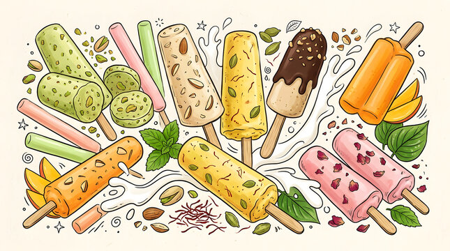Hand drawn vector collection of traditional kulfi and ice cream bars