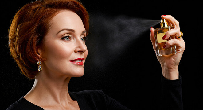Woman Spraying Perfume Against Black Background