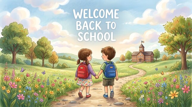 Warm illustrated "Welcome Back to School" scene with two children walking toward school along flower path