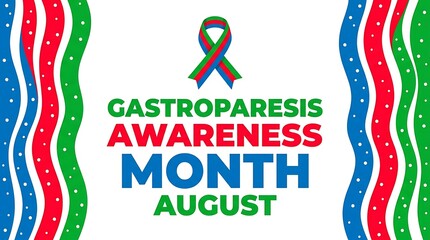 Obraz premium Gastroparesis awareness month august banner with tricolor ribbon and colorful wavy lines for medical health campaign focused on stomach conditions and patient support needs.