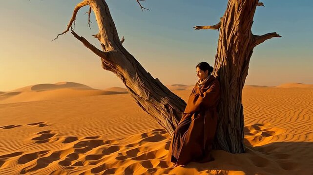 Solitary figure leans against dead tree as shifting desert dunes create a dynamic landscape