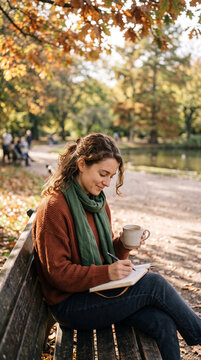 Young woman journaling on a park bench while holding a warm beverage during early autumn, soft sunlight filtering through changing leaves, COPY SPACE, self-care concept