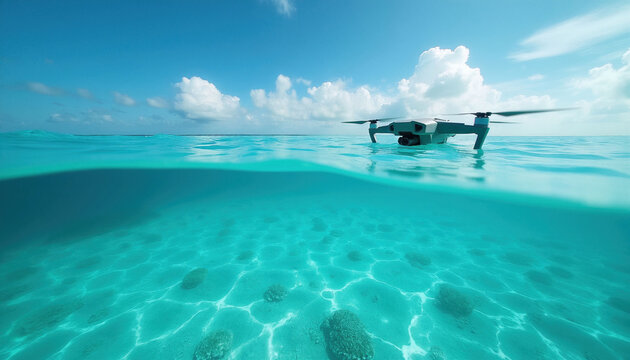 Modern drone hovers over clear blue tropical water with split view of sky, ocean bottom. Flying quadcopter captures coral reef landscape below surface. Device technology films underwater scenery in