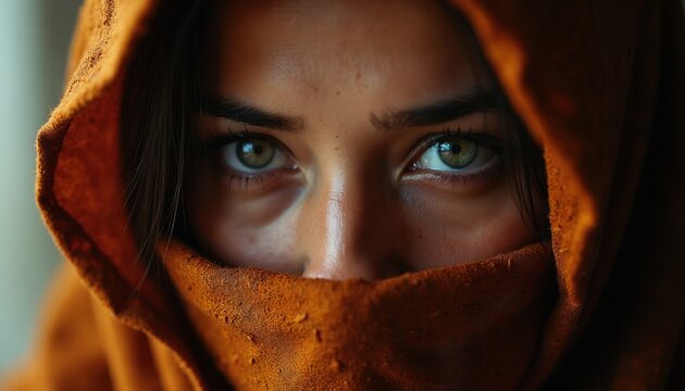 Close up portrait of young woman with green eyes covered by brown headscarf. Girl looks with intense fear, sadness. Female face shows pain struggle, insecurity. Emotional visual representation of