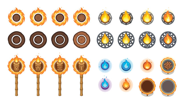 Fantasy game fire icons and burning torch set, top down view of campfire and magic flames, 24 vector elements for RPG map design