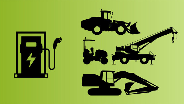 Battery electric powered heavy equipment. Flat vector illustration with green isolated background. Zero emission and Electrification in construction.