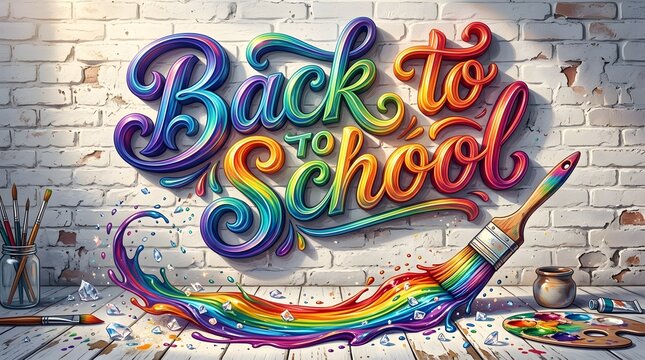  Colorful 3D "Back to School" lettering with paintbrush and swirling rainbow splash on desk