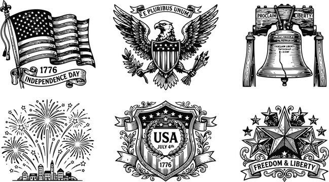 American patriotic symbols set with flag eagle liberty bell fireworks and stars during independence day celebration