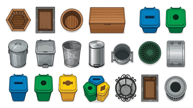 Waste management icons set, top view garbage bins and recycling containers, 20 vector elements for urban planning and interior design maps