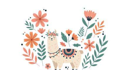 Obraz premium Adorable llama wearing a colorful flower crown and patterned saddle surrounded by large blossoms and green leaves.