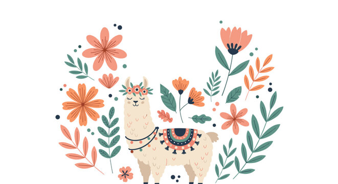 Adorable llama wearing a colorful flower crown and patterned saddle surrounded by large blossoms and green leaves.