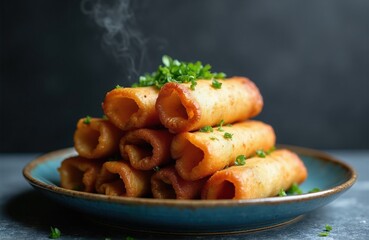 Fototapeta premium Pile of crispy deep fried spring rolls served on blue ceramic plate with green herb garnish. Hot steaming tasty traditional Asian snack food with golden brown crust. Delicious savoury snack appetizer