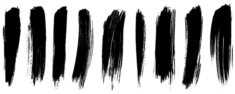 Set of paint brush strokes. Hand drawn design elements. Isolated vector grunge images black on white.