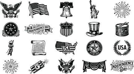 Collection of American Independence Day icons in vintage engraving style with patriotic symbols and fireworks for festive design © Ishtiaq