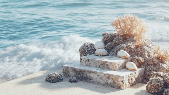 Seashells and coral on miniature stone steps near ocean waves on sandy beach.