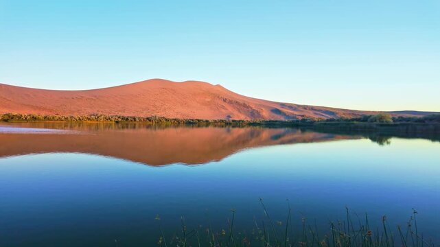 Scenic view of golden sand dune curves reflecting in water at sunset at Bruneau Dunes State Park in Idaho.