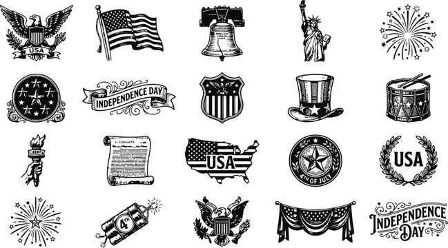 Collection of American Independence Day icons in vintage engraving style with patriotic symbols and fireworks for festive design