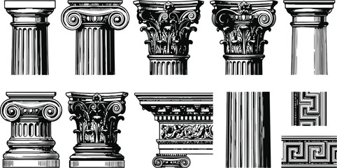 Collection of classical architectural column capitals and frieze details in a detailed engraving style on a white background © Ishtiaq