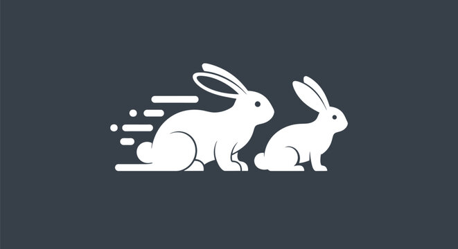 Two white rabbits are running and sitting on a dark background