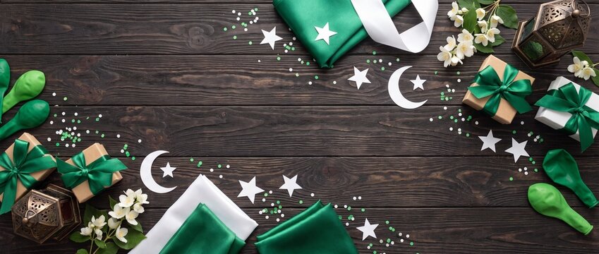 Green and white islamic holiday celebration decorations with gifts balloons and flowers on dark wood background with flowers arranged rustic wooden surface
