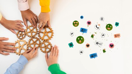 Obraz premium Collaborative Hands Connecting Gears and Social Media Icons Representing Teamwork, Communication, and Digital Engagement in Modern Work Environment Gluon.