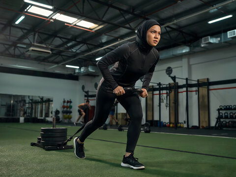 Muslim Indonesian Woman Hijab Athlete doing Sled Push Workout for Hyrox Training
