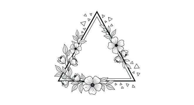 Delicate triangular frame decorated with hand-drawn black and white botanical flowers and leaves for a modern wedding theme.