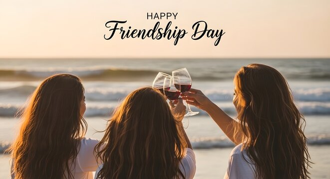 Happy friendship day three friends celebrating on the beach