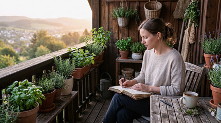 Obraz premium Woman writing in notebook on rustic wooden balcony surrounded by potted herbs and plants overlooking countryside hills at sunset, cozy person journaling on cottage terrace with rural landscape view