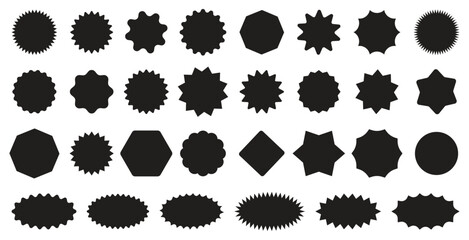 Vector set of circles with zigzag edges, Sunburst sticker shapes, Rounded starburst zigzag, shapes & star shapes offer price tag, discount, sale label, stickers, Star or sunburst silhouettes. eps file © Jayanto