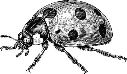 Detailed engraving of a ladybug crawling on a white background during a studio shot with intricate linework for organic concepts © Ishtiaq