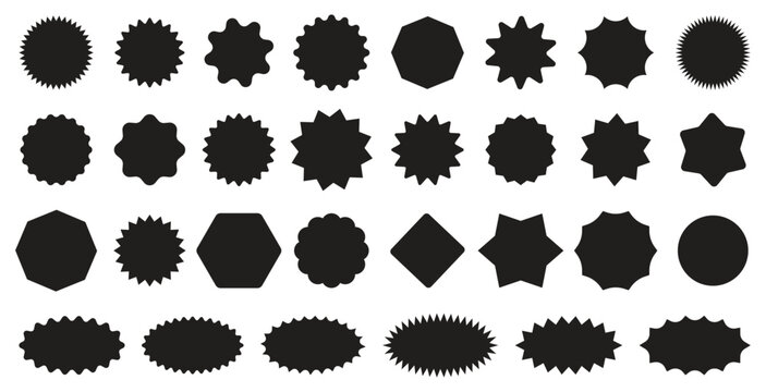 Vector set of circles with zigzag edges, Sunburst sticker shapes, Rounded starburst zigzag, shapes & star shapes offer price tag, discount, sale label, stickers, Star or sunburst silhouettes. eps file