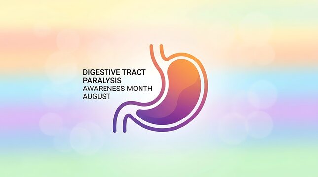Digestive tract paralysis awareness month august colorful background soft focus bubbles stomach symbol representing slow gastric emptying health condition and education.