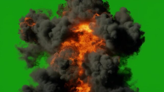 Fiery explosion sequence with green screen background during intense combustion