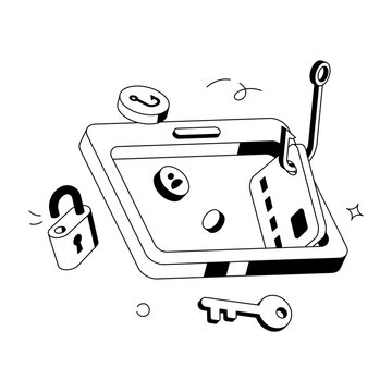 Tablet with fishing hook, key, and lock illustrating a phishing attack.