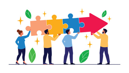 Obraz premium Teamwork Puzzle Assembly: A diverse group of individuals collaborates to connect puzzle pieces, forming an arrow that signifies progress and shared goals in a stylized illustration.