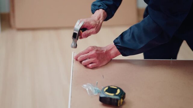 Carpenter Hammering Nail into Wood Panel During Furniture Assembly Close Up