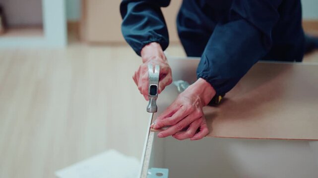 Carpenter Hammering Nail into Wood Panel During Furniture Assembly Close Up