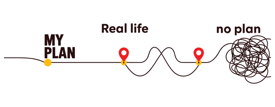 My Plan vs. Real Life Chaos: A visual representation of a carefully laid-out plan diverging into the unpredictable, bumpy road of real life, ultimately descending into utter chaos and no plan.