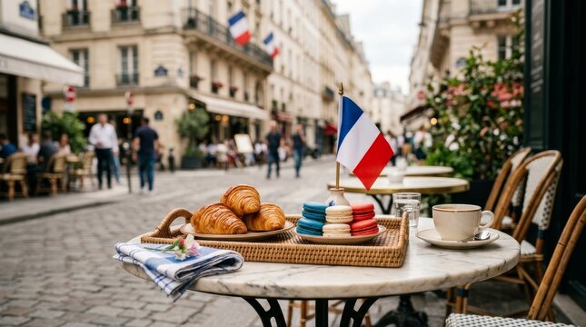 French Breakfast at a Paris Cafe with Flag