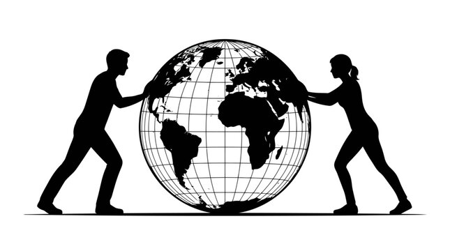 Silhouette of a man and a woman standing on opposite sides of a large globe, pushing it together, concept of global unity and equality