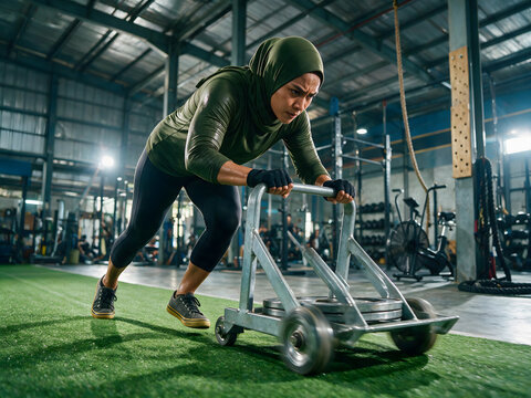 Muslim Indonesian Woman Hijab Athlete doing Sled Push Workout for Hyrox Training