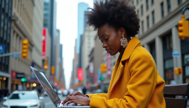 African woman wears yellow coat works on laptop at busy city street. Freelancer types on computer outdoors near skyscrapers. Young professional lady stays focused on business tasks in downtown area.