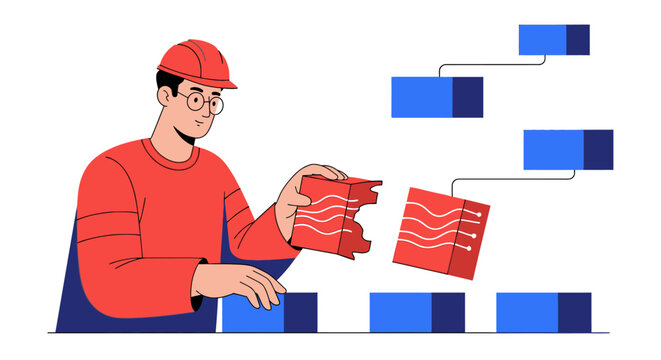 Engineer or Software Architect Building Data Infrastructure with Modular Blocks and System Architecture, Technology and Construction Concept Illustration