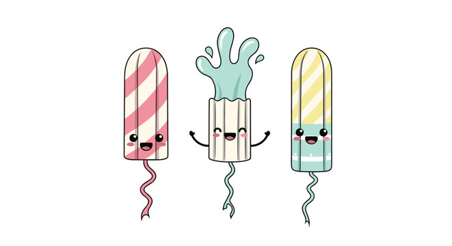 Cute cartoon tampons with smiling faces and water splashes for feminine hygiene education, period positivity, and health awareness.