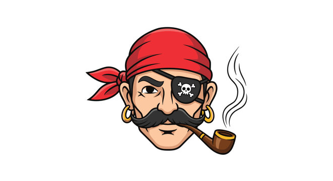 Pirate head with a red bandana and smoking pipe for nautical adventure, fantasy roleplay, and character design branding themes.