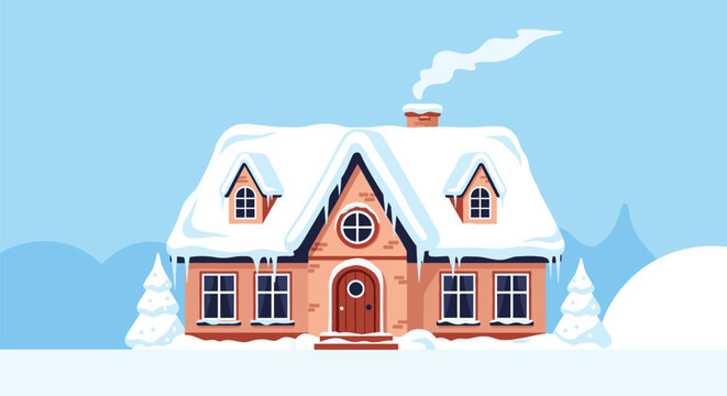Cozy traditional brick house is heavily covered in white snow with long icicles hanging from the roof during a peaceful winter morning.