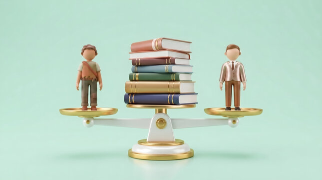 3D conceptual illustration showing a scale of justice balancing a poor student and a wealthy student on a stack of books
