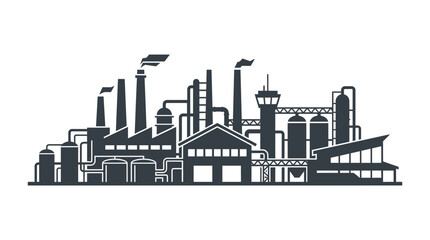 Obraz premium Industrial Factory Silhouette: Manufacturing Plant with Smokestacks and Pipes