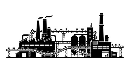 Obraz premium Industrial Factory Silhouette with Conveyor Belts and Smoke Stacks